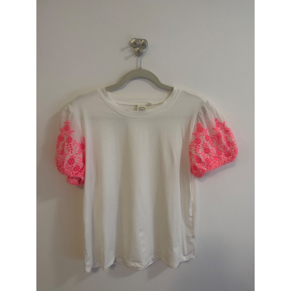 Grace & Emma White Puff Sleeve Top Neon Pink Eyelet Floral Embroidery Large